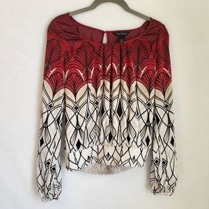 White House Black Market Long Sleeve Deco Print Day Blouse Size 0 zero